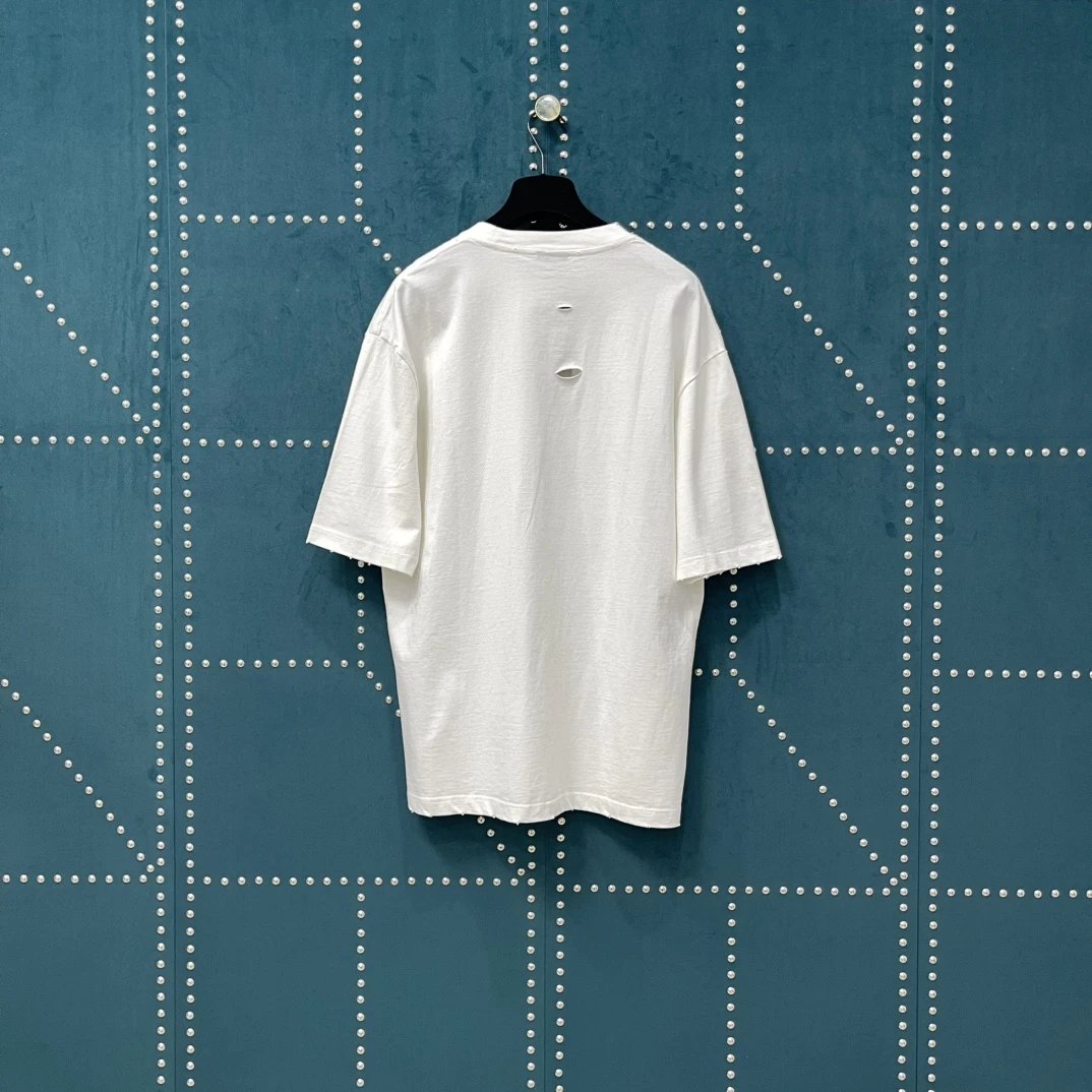 Balenciaga T-shirt Ripped Chest Letter Print logo round Neck Short Sleeve25ss New Pure Cotton Unisex Style T T-shirt OS Loose Fit Base Shirt Top Half Sleeve T-Shirt