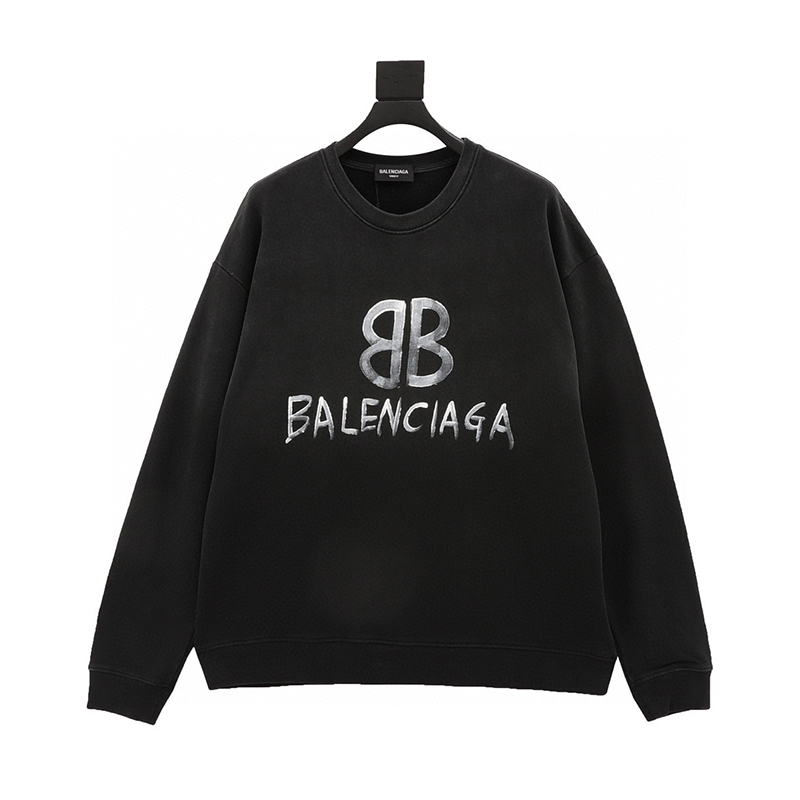 Balenciaga Hoodie Gradient Washed Destroyed Hand Painted Cursive Script Letter Crew Neck Sweater for Men and Women