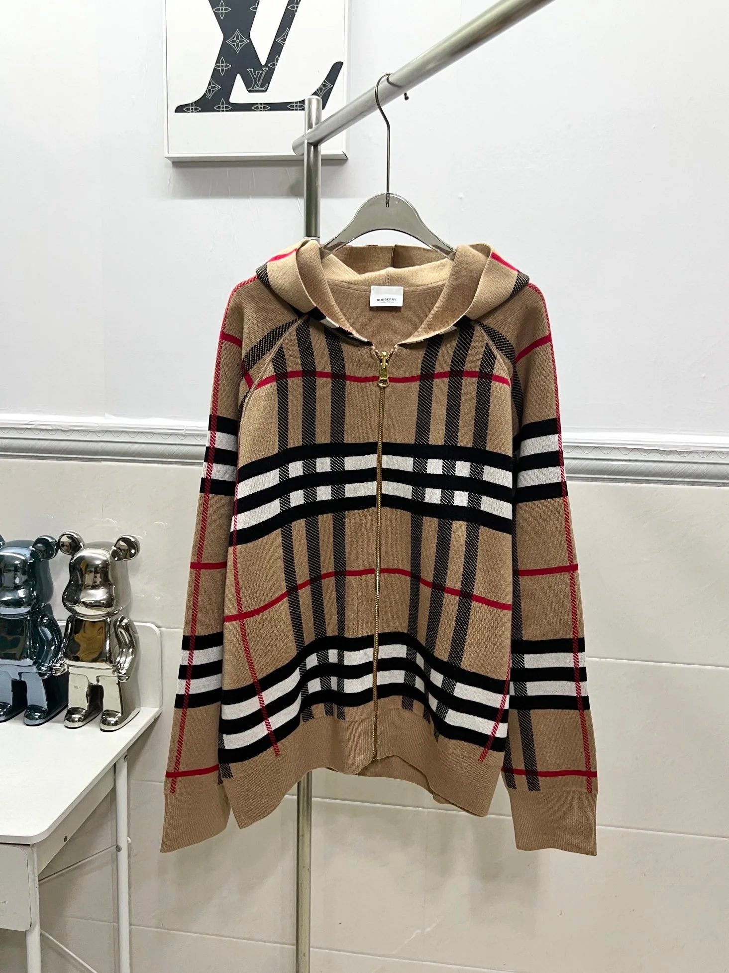 Burberry Jackets Classic Plaid Reversible Cashmere Knit Long Sleeve Hooded Jacket Jacquard