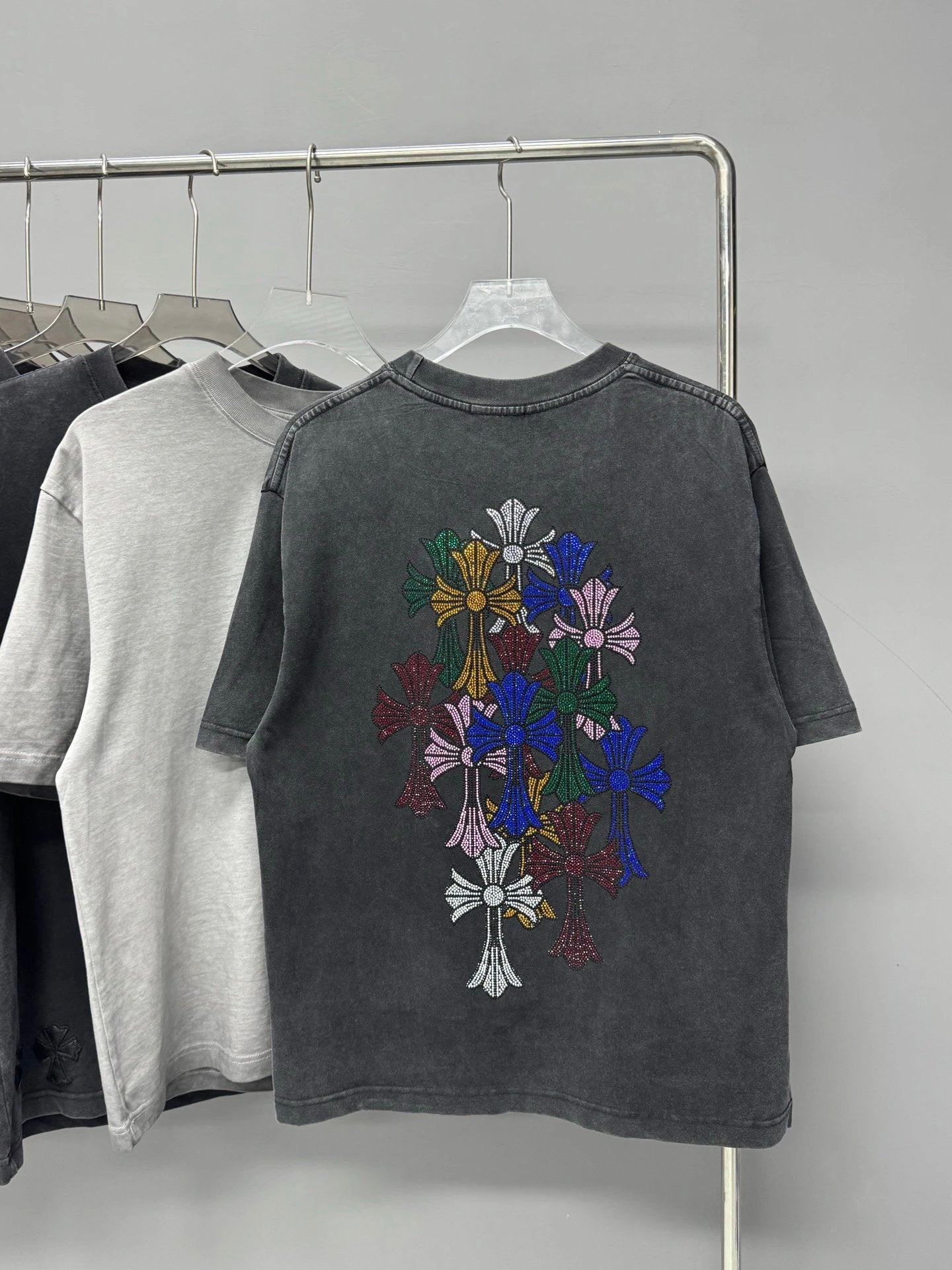 Chrome Hearts T-shirt Heavy Craft Vintage Full Back Rhinestone logo round Neck Short Sleeve25ss New pure cotton T Unisex T-Shirt OS Loose Fit Base Shirt Top Half Sleeve T-Shirt