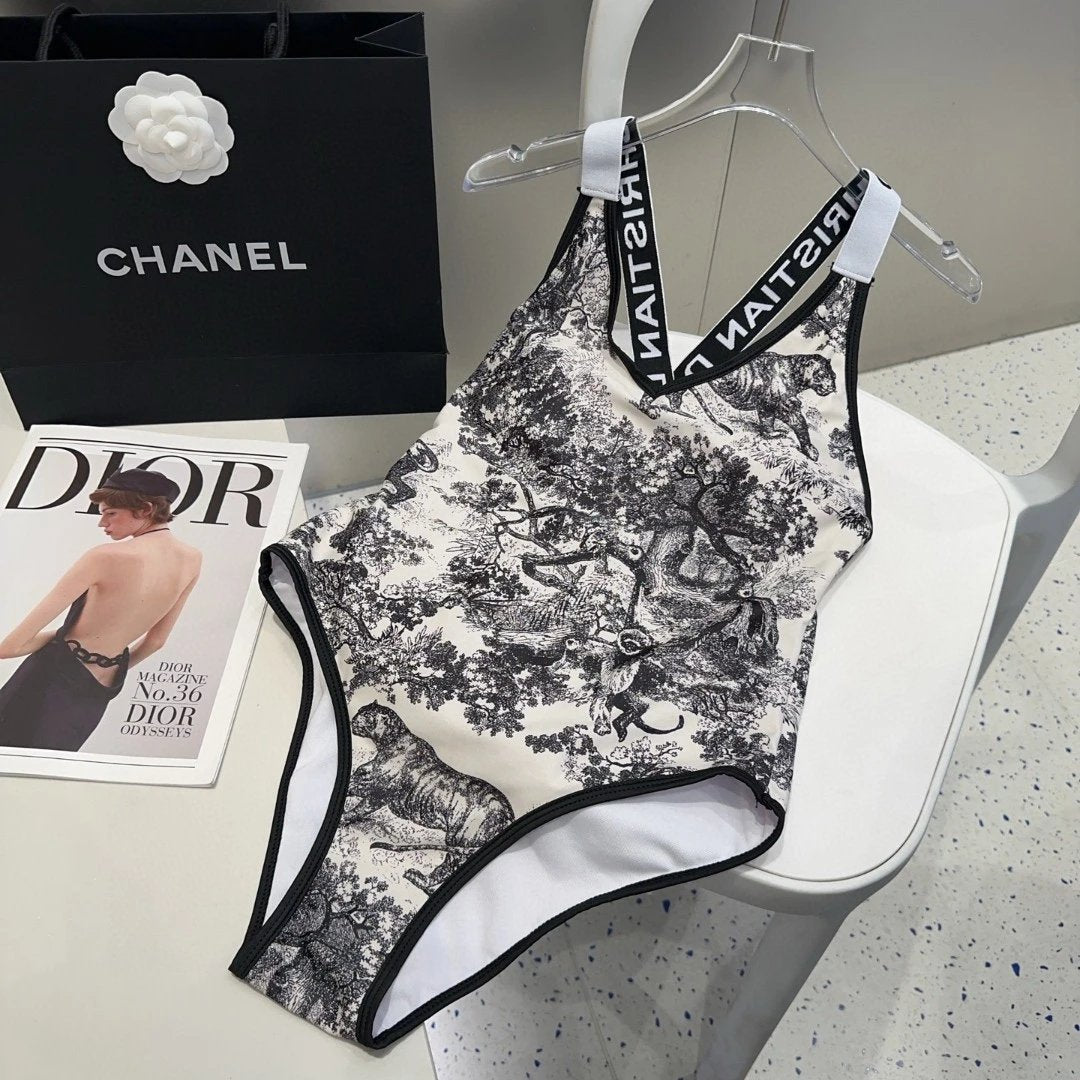 Dior Swimsuit Full Print Pattern Bikini One-Piece Swimsuit Sexy Small Chest Gathered Beach Pool Backless White Women's Swimwear Vacation Hot Spring