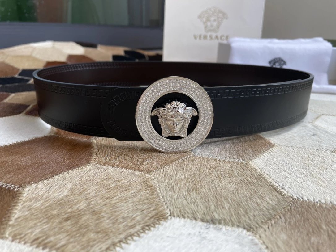 VERSACE Belt Top version 【Counter Original Factory】Original Men's Leather Belt Width3.8cm Genuine Goods Quality Double-Sided Imported First Layer Cowhide Full Grain Original Cowhide Boutique Color Buckle Genuine Steel Seal logo Men's Clothing on Sale on t