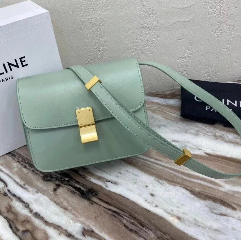 Celine women's bag Top version 【Original Leather】Classic ClassicBox Bag Teen Square Bag Stewardess Bag Box Bag Toothpick Pattern Cowhide Crossbody Women's Bag18.5cmTeenbox Bag