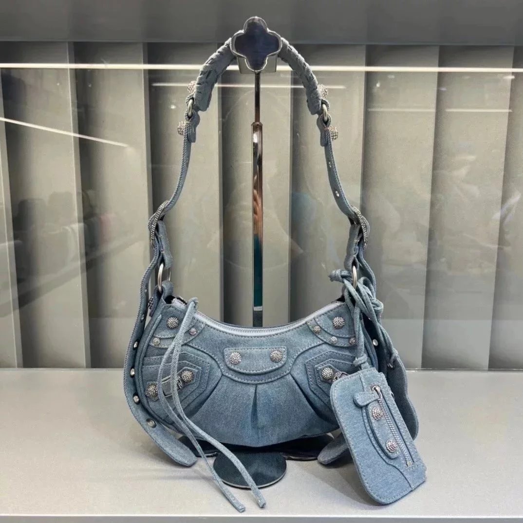 Balenciaga Bag Top version 【**Surrogate Shopping Edition】2022Spring and Summer New Denim Series LeCagole Hobos Dumpling Bag Motorcycle Bag with Diamond Denim Underarm Bag