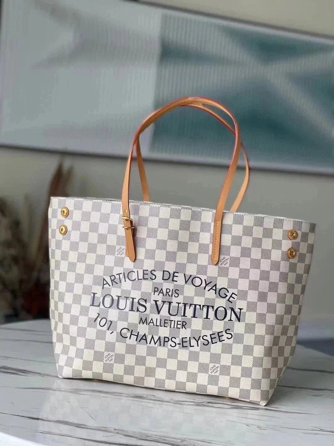 Louis Vuitton LV Women's Bag Top version 【Original Order in Stock】Cabas Tote Bag Shopping Bag Women's Bag2021New White Plaid Tote Bag Versatile Large Capacity Portable Shoulder Bag Stylish Bag Casual Underarm Women's Bag N41179
