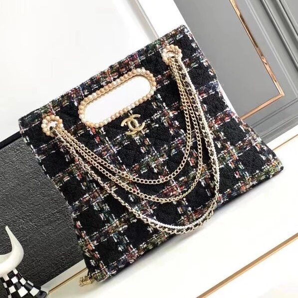 Chanel Women's Bag Top version 【High Version】CHANEL/23A High-End Handmade Workshop Green Tweed Pearl Wooden Bead Chain Bag Home New Portable Pearl Briefcase Pearl Bag Woolen Pearl Tote Clutch Dinner Bag Folding Bag