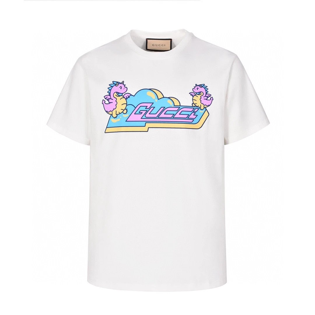 Gucci T-shirt Cartoon Letter Print on Chest logo round Neck Short Sleeve25ss New pure cotton T Unisex T-Shirt OS Loose Fit Base Shirt Top Half Sleeve T-Shirt