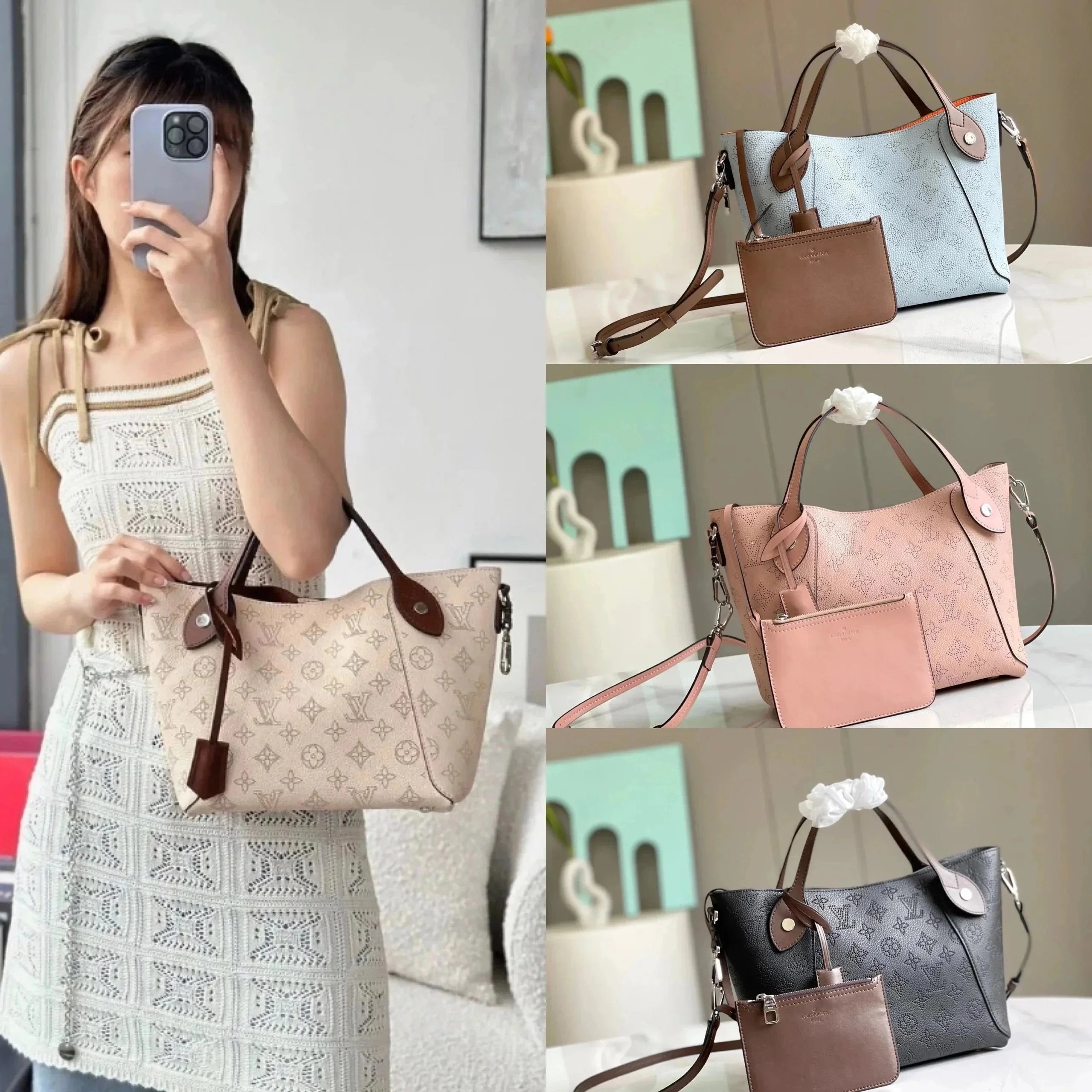 Louis Vuitton LV Women's Bag Top version New Hollow Perforated Women's Bag Fashion Leather Shopping Bag HINA Small Size Handbag Portable Shoulder Bag First Layer Cowhide Messenger Bag Two Back Bucket Bag M54353/M54351