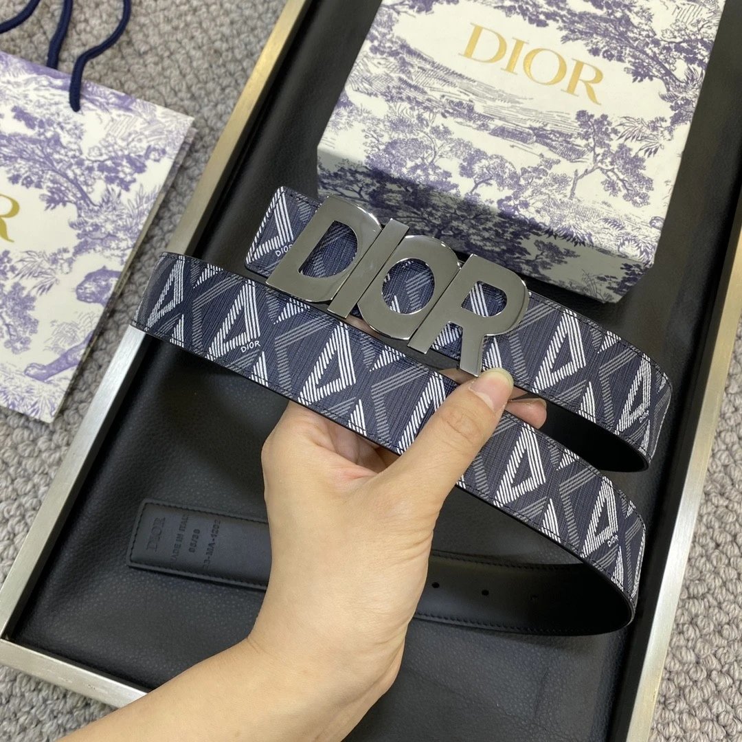 Dior Belt Top version Original Single Original Single Men and Women Universal Belt Width3.5cm Genuine Goods Quality Counter Full Set of Packaging Original Leather Material Classic Presbyopic Full Printed Canvas Full Vertical Surface Calfskin Lychee Patter