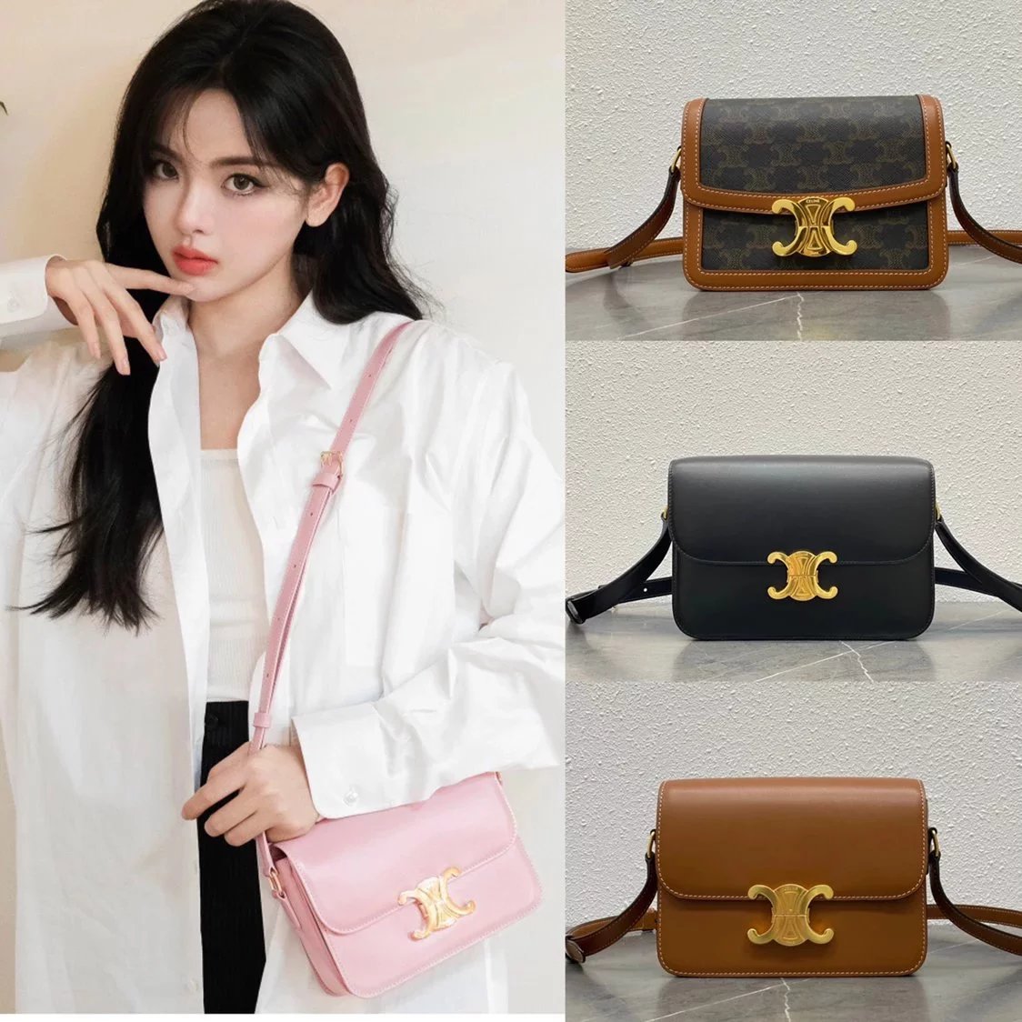 Celine women's bag Top version 【Surrogate Shopping Edition】Teen Arc De Triomphe Crossbody Bag New BOX Bag18.5cm Small Size2023New Cherry Blossom Pink Arc De Triomphe Women's Bag Square Bag mininano Retro Gold Buckle Shoulder Crossbody Bag Arc De Triomphe