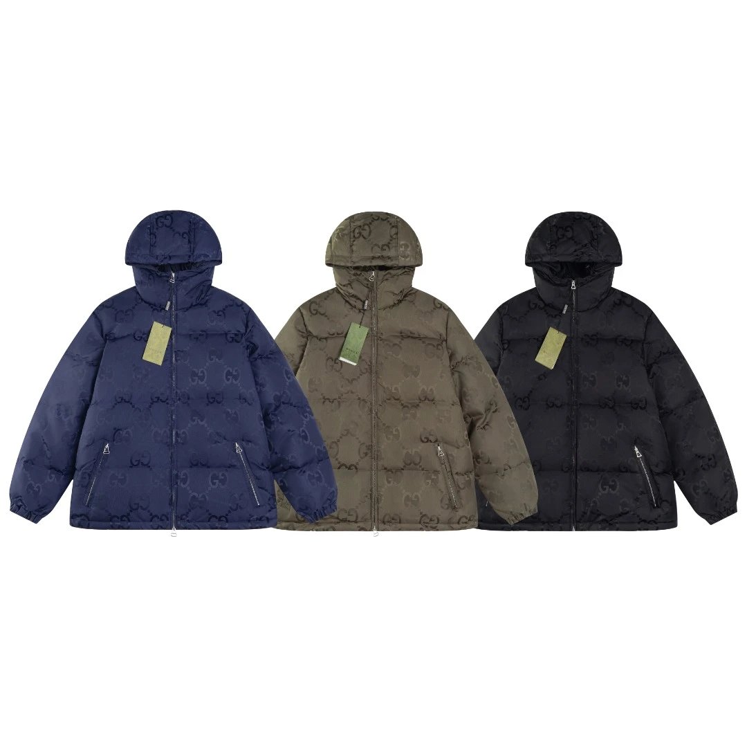 Gucci Down Jacket Full Jacquard Hooded Down Jacket Unisex Fluffy Hooded Long Sleeve Puffer Coat Winter Thickened Warm Outerwear Loose Versatile Fashion