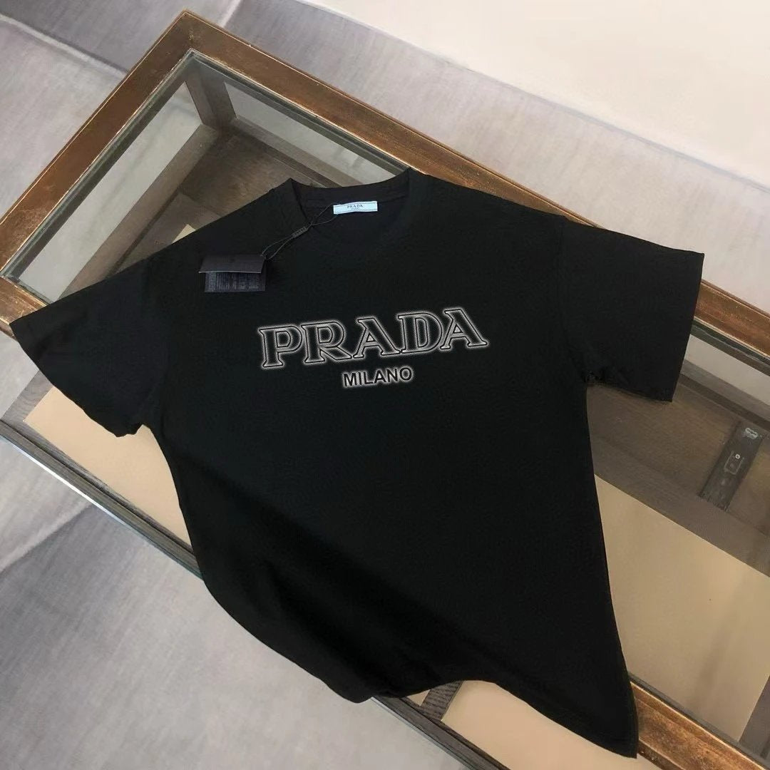 PRADA T-shirt Chest Letter Embroidery logo round Neck Short Sleeve25ss New Pure Cotton Unisex Style T Casual T-Shirt Base Layer Shirt OS Loose Fit Half Sleeve Top Plus Size