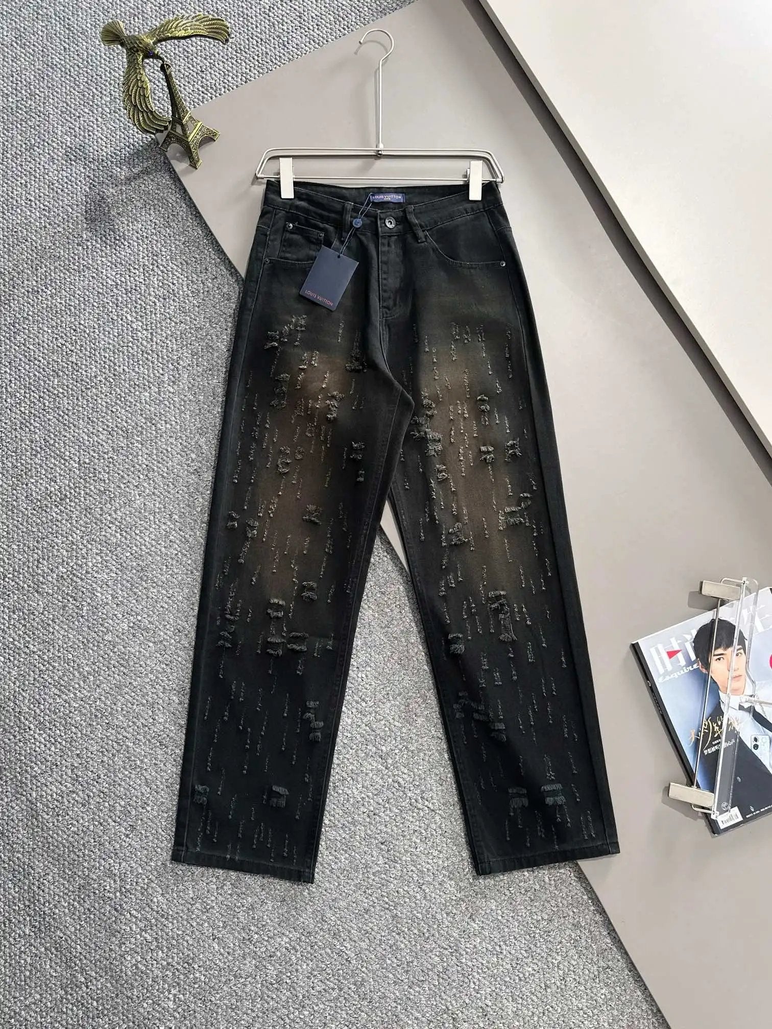 Louis Vuitton LV Jeans Distressed Stone Washed25ss Spring Summer New Straight Leg Jeans Waist Adjustable Unisex Loose Fit Long Pants