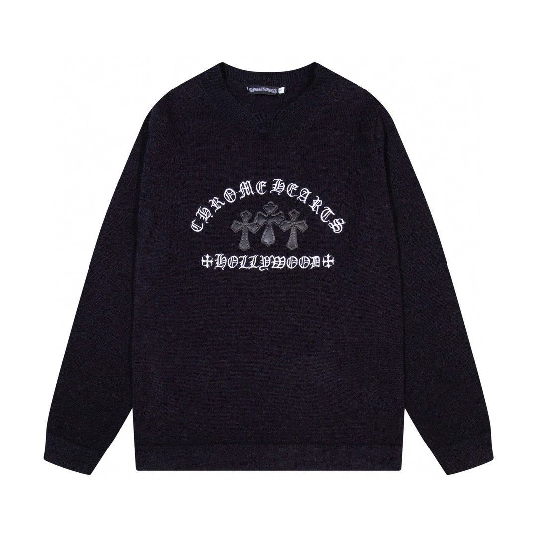 Chrome Hearts Sweater Top Version Counter Same Style Men's and Women's Wool Knitted Couple's round Neck Loose and Warm Top Pullover Sweater