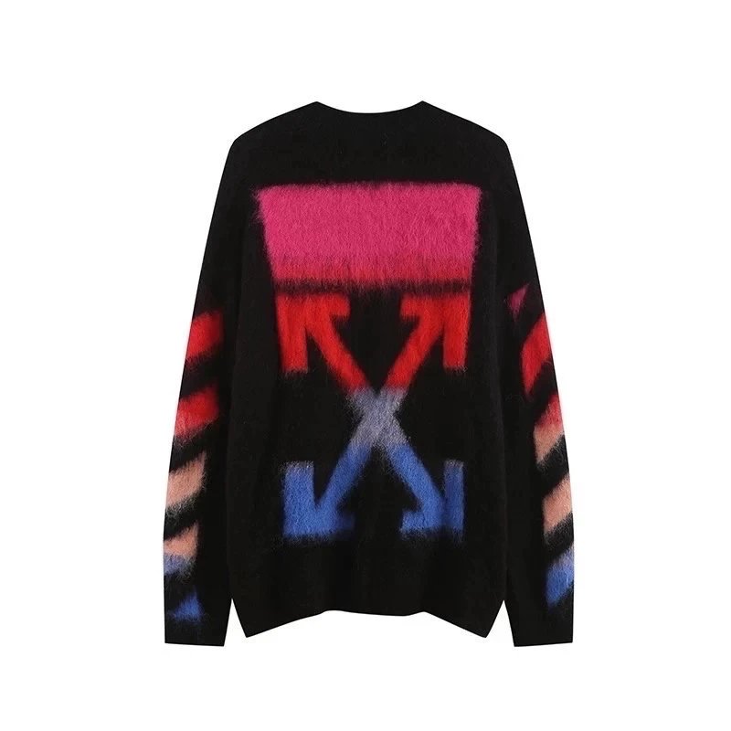 OFF-White Sweater Top Version Verified Quality Sweater Pullover Black and White Arrow Gradient Mohair Autumn and Winter Rendering Knitted Men and Women