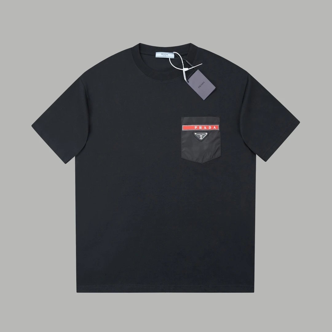 PRADA T-shirt Chest Triangle Sticker Mark logo round Neck Short Sleeve25ss New Pure Cotton Unisex Style T Casual T-Shirt Base Layer Shirt OS Loose Fit Half Sleeve Top Plus Size