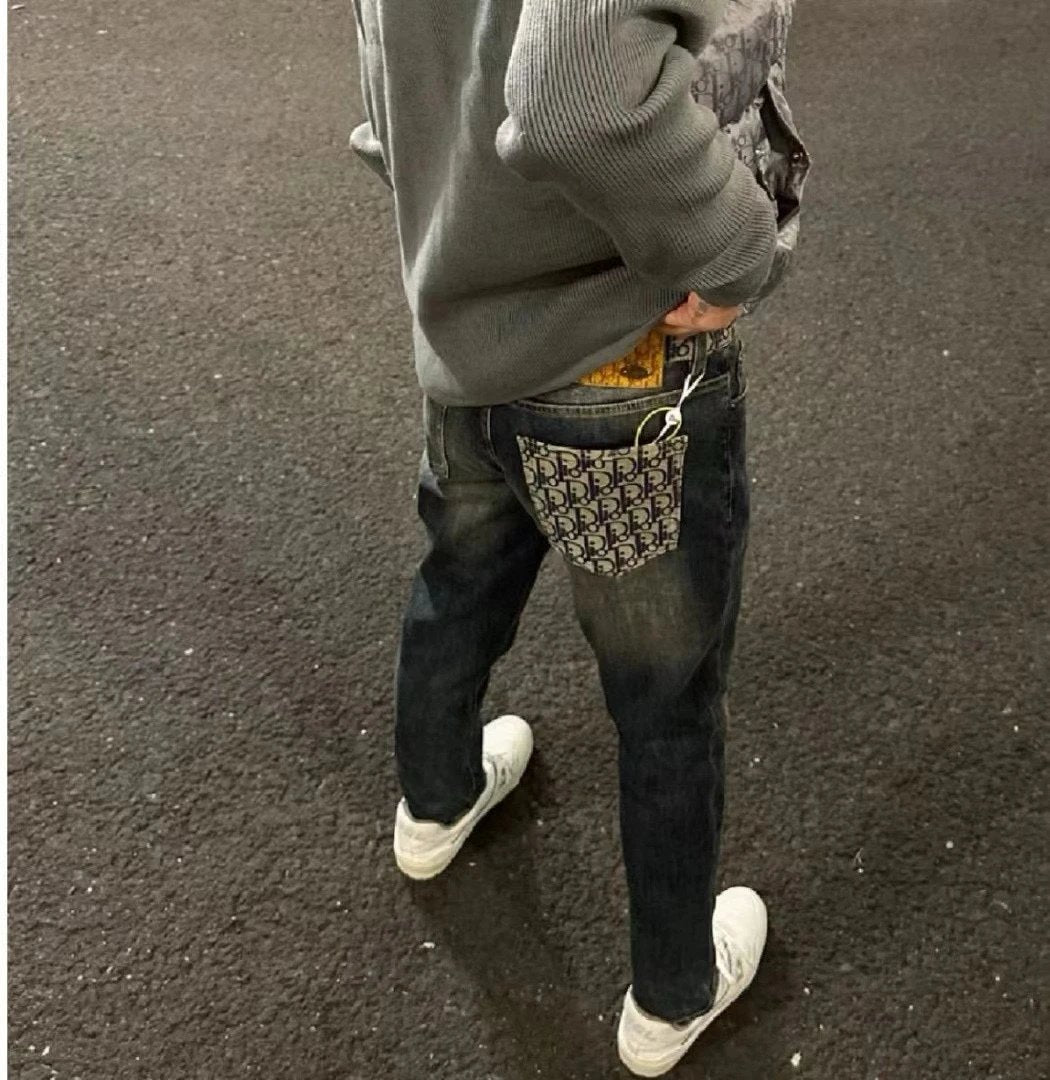 Dior Jeans Back Waist Full Print LOGO Ankle-Tied Feet Washed Blue Jeans Autumn and Winter New Men's and Women's Same Straight Long Pants Loose Casual Wide Leg High Waist