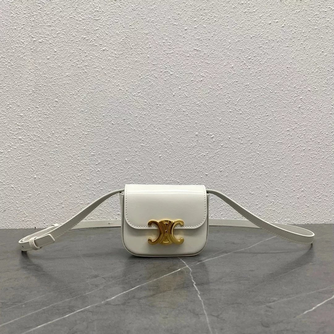 Celine women's bag Top version 【Kowloon Leather Original Leather】2022Spring New Super mini Triomphe Small Waste Bag11cmTriomphe Arc De Triomphe mini Earphone Bag Small Waste Bag2023New Color Cherry Blossom Pink New Women's Bag Shoulder Bag Messenger Bag S