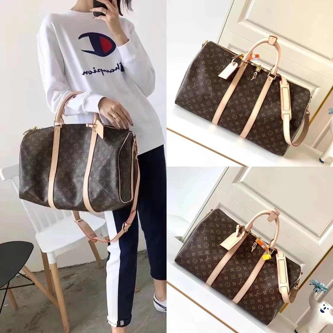 Louis Vuitton LV Travel Bag Top version Keepall Travel Bag45cm Presbyopic Travel Bag50cm55cm Gym bag M41418M41416M41413Black Plaid Black Flower Business Trip Men and Women Same Bag