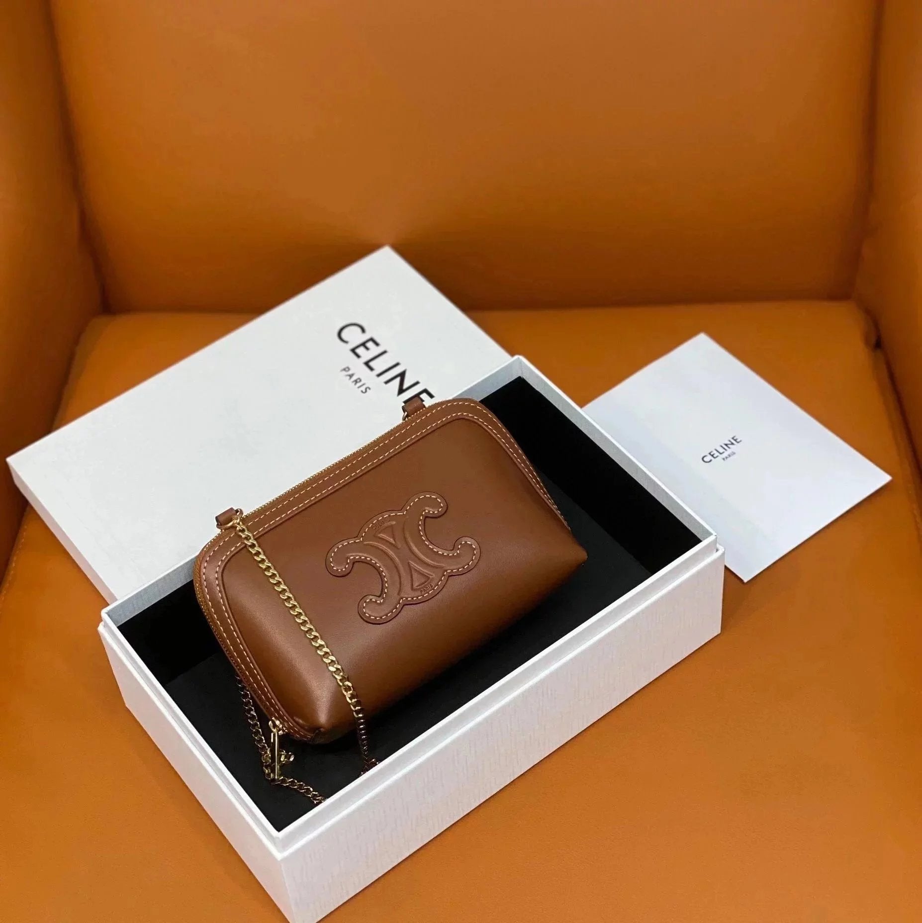 Celine women's bag Top version 【Level Surrogate Shopping for Personal Use】CLUTCHWITHCHAIN Mini Smooth Cowhide Little Shell Bag Chain Bag Italian Original Leather Chain Small Bag Clutch Handbag Shoulder Bag Messenger Bag Women's Bag Women's Bag