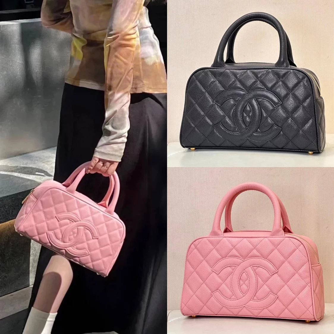 Chanel Women's Bag Top version 【Super Original Leather】Small Vintage Medieval Bowling Bag l Caviar Bowling Bag Jennie Same Style Hand-Held Box Bag Pillow Bag Hand-Held Travel Bag