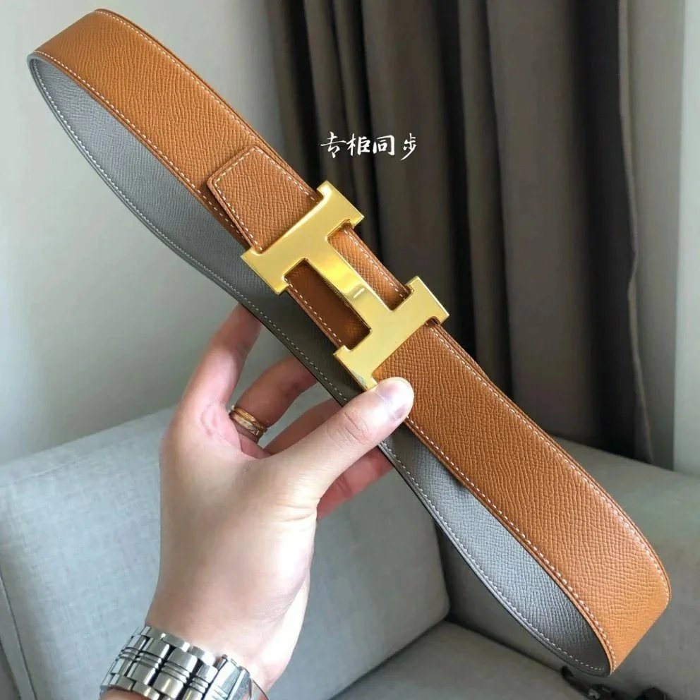 Hermes Belt Top version 【High Quality in Stock】New First Layer Cowhide Belt Men's and Women's H Buckle Business Casual Double-Sided Available Belt
