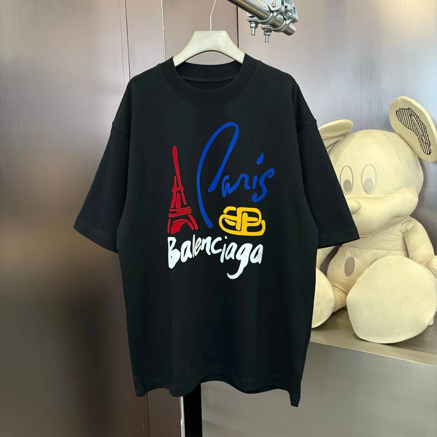 Balenciaga T-shirt Hand-drawn Letter Tower Print on Chest logo round Neck Short Sleeve25ss New pure cotton T Unisex T-Shirt OS Loose Fit Base Shirt Top Half Sleeve T-Shirt