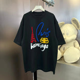 Balenciaga T-shirt Hand-drawn Letter Tower Print on Chest logo round Neck Short Sleeve25ss New pure cotton T Unisex T-Shirt OS Loose Fit Base Shirt Top Half Sleeve T-Shirt