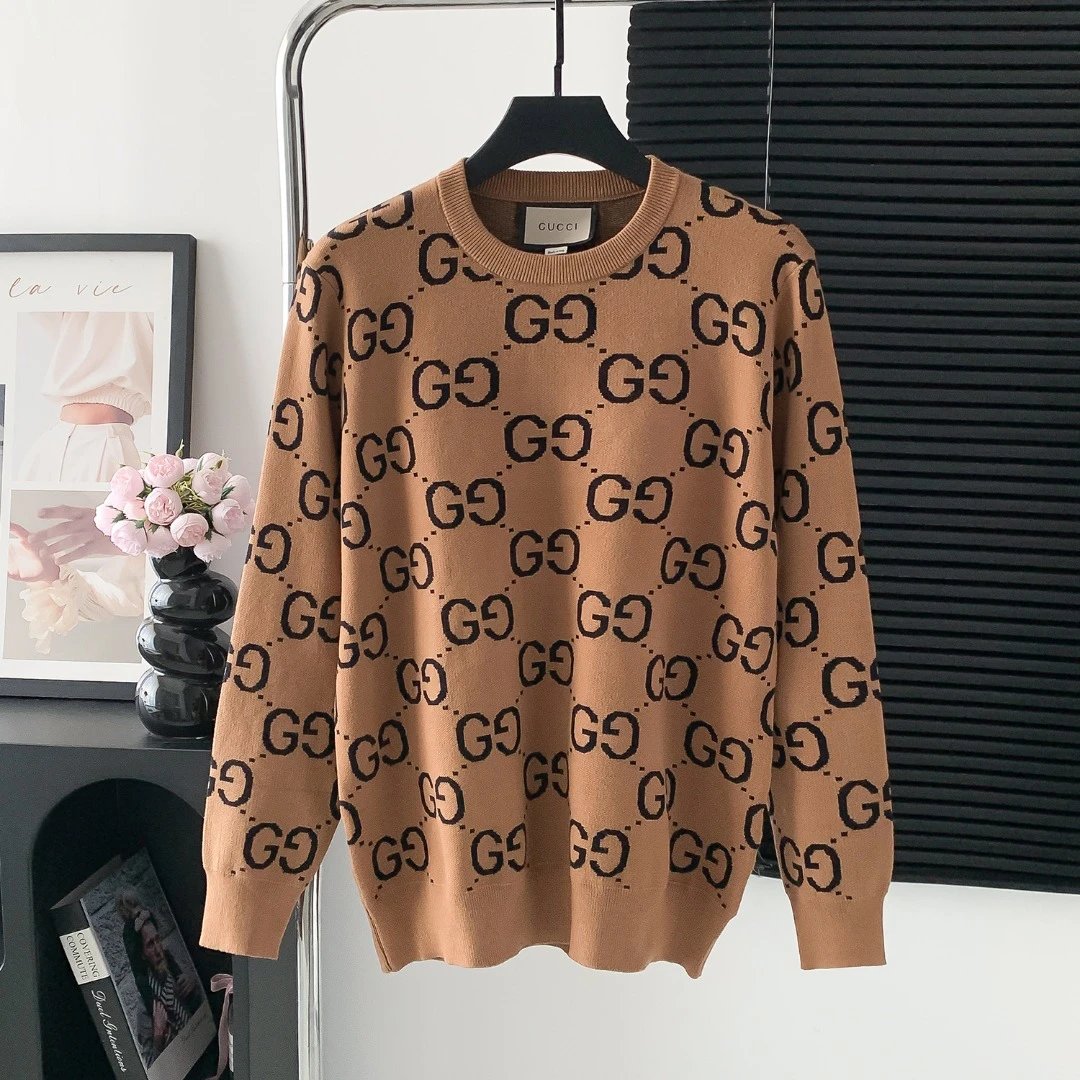 Gucci Sweater Double G Full Print Crew Neck Sweater25ss Spring New Thickened Long Sleeve Pullover Unisex OS Loose Fit Top Versatile Casual Jacket Lazy Style