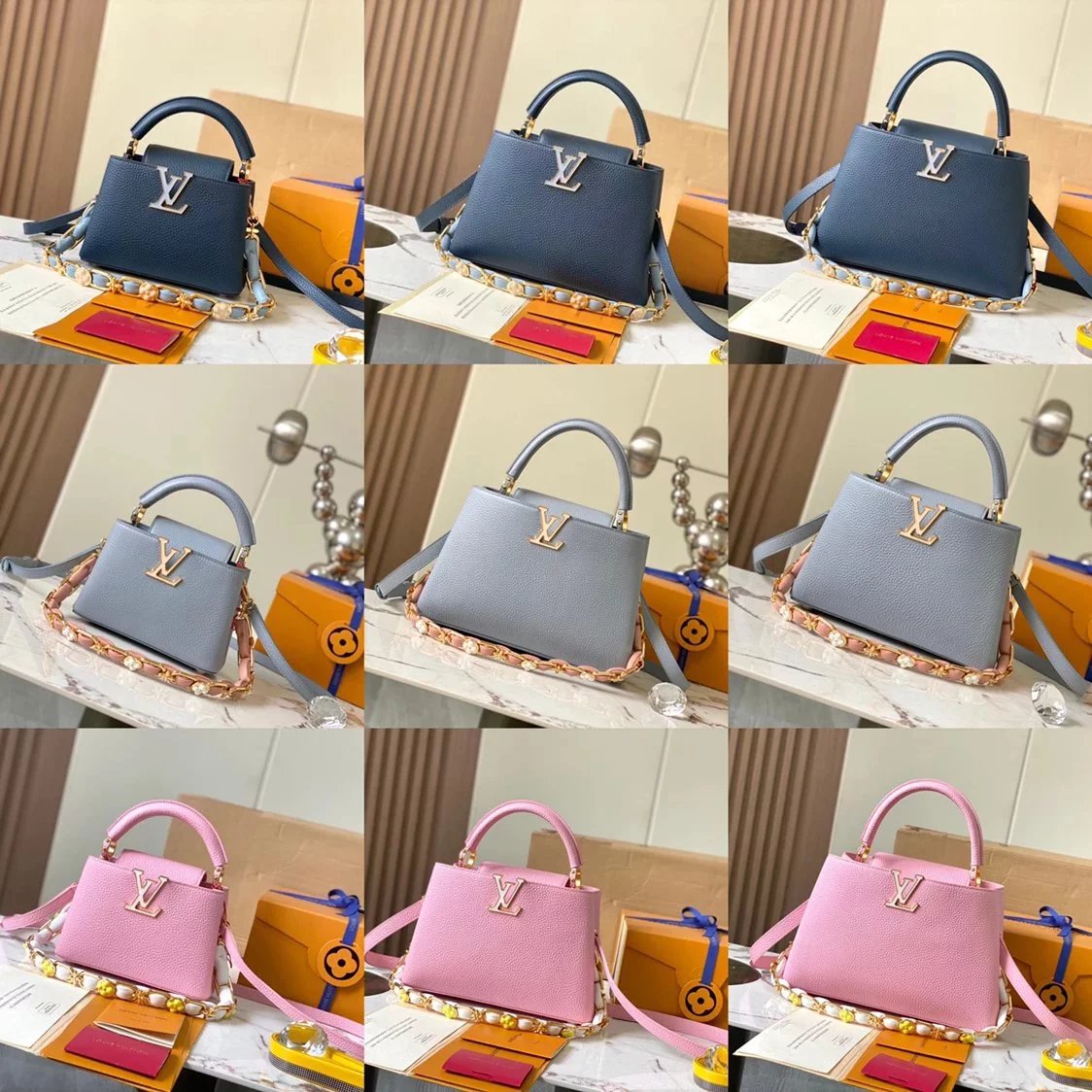 Louis Vuitton LV Women's Bag Top version 【Super Original Leather】2024New Version CAPUCINESBB Small Size Handbag Shell Bag Shell Button Upgraded Hardware Litchi Pattern Cowhide Portable Shoulder Messenger Bag M23288M23363