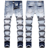 Amiri Jeans New Foreign Trade Style Fashion Blue with Holes Paste Cloth Embroidery Elastic Mid-Waist Feet Men's Jeans