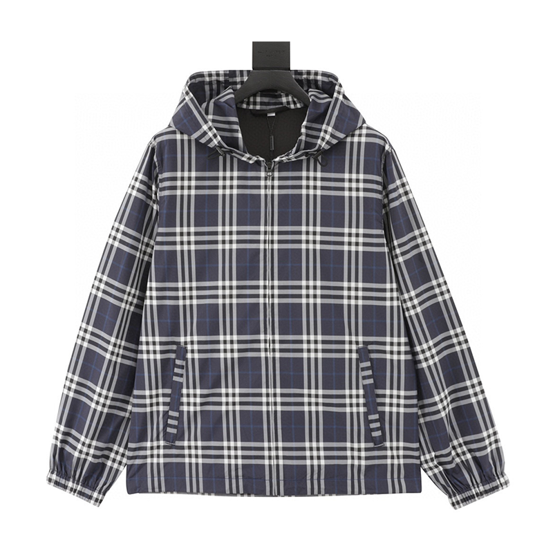 Burberry Jackets Blue and White Plaid Hooded Jacket for Men and Women