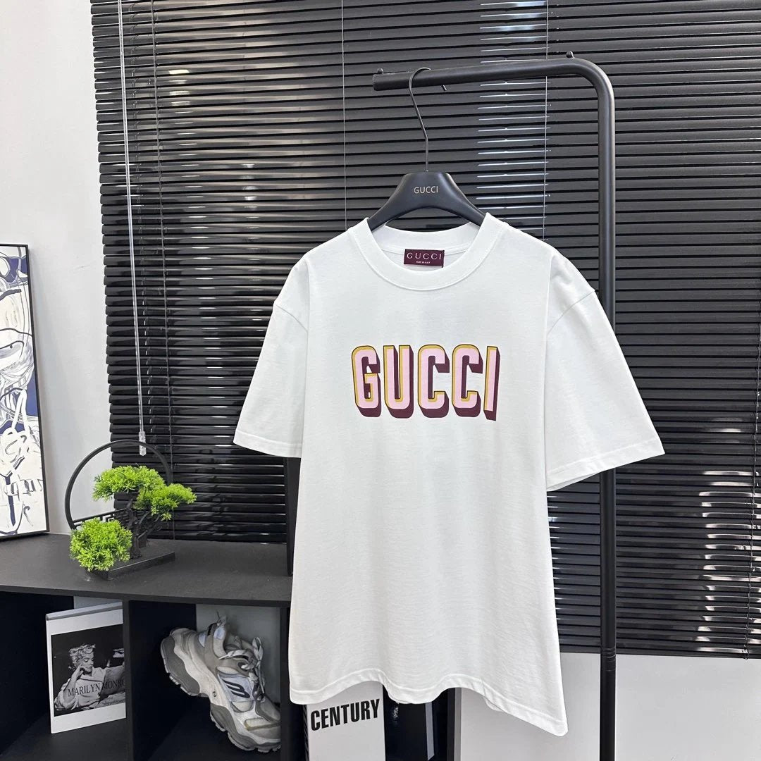 Gucci T-shirt Front Chest Letter Print logo round Neck Short Sleeve25ss New Pure Cotton Unisex Style T T-shirt OS Loose Fit Base Shirt Top Half Sleeve T-Shirt