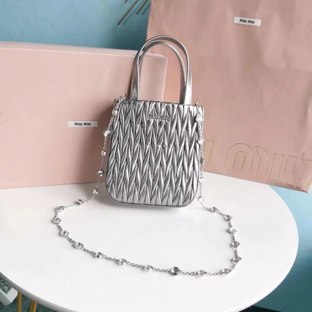 Miu Miu Bag Top version 2021New Women's Bag Crystal Diamond Chain Mini tote Tote Bag Pleated Sheepskin mini Shopping Bag Shoulder Messenger Bag