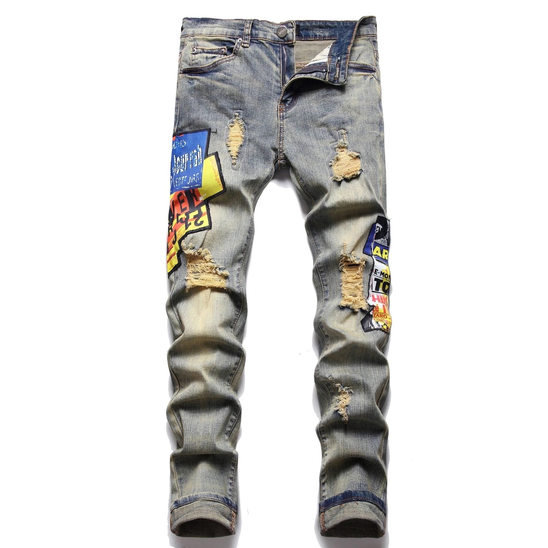 Amiri Jeans New Foreign Trade Style Fashion Blue with Holes Paste Cloth Embroidery Elastic Mid-Waist Feet Men's Jeans