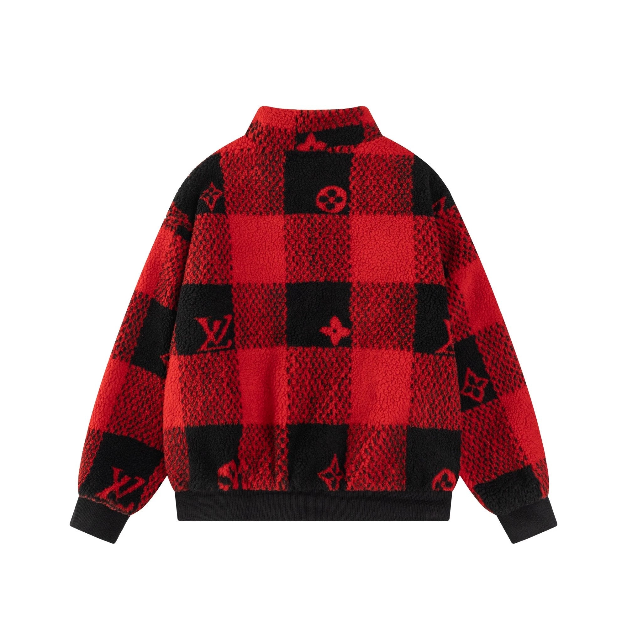 Louis Vuitton LV Jackets 24FW Autumn Winter New Red and Black Color Block Checkerboard Plush Long Sleeve Stand Collar Jacket Unisex Autumn Winter New Sports Casual Loose Versatile