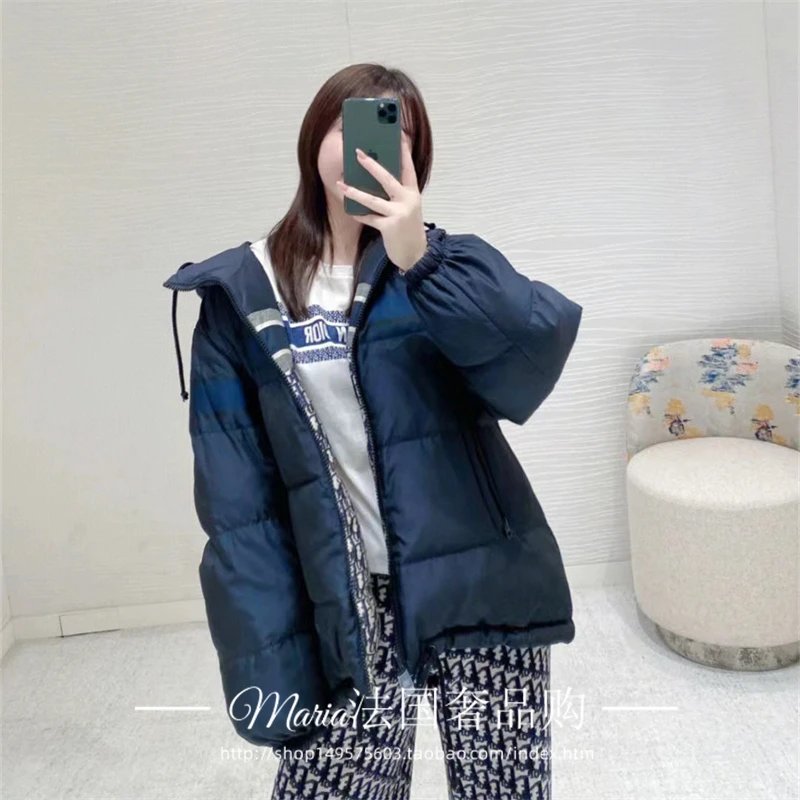 Dior Jackets Classic Presbyopic Letter Double-Sided Striped Hooded down Jacket Men's Cotton Clothing Jacket Coat for Women