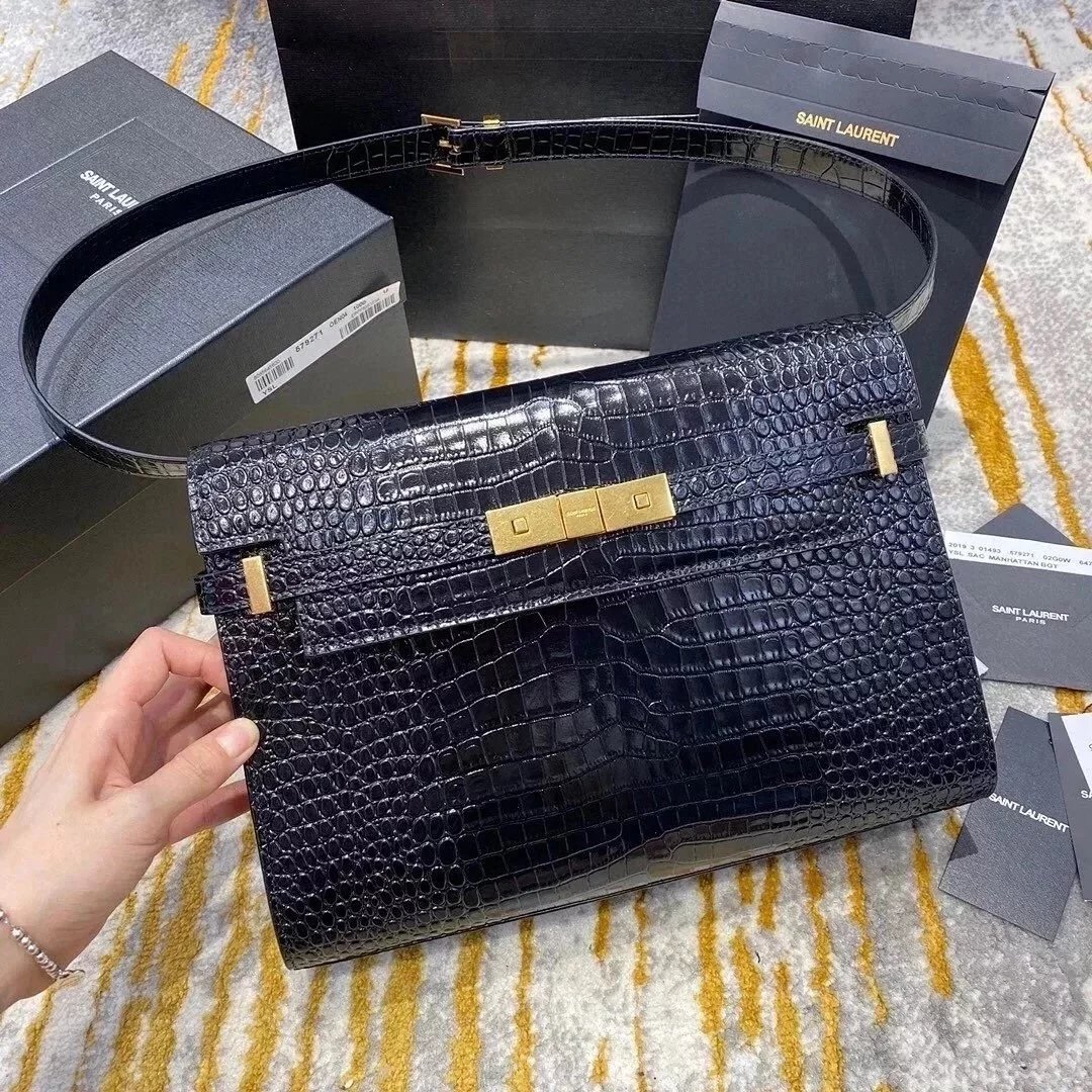 YSL Women's Bag Top version 【Level Surrogate Shopping】Following Niki After the New Manhattan Manhattan France hass Toothpick Pattern Calf Leather Crocodile Pattern Cowhide Is Very kelly Baguette Bag Manhattan Baguette Bag Large29cm Small Size24cm