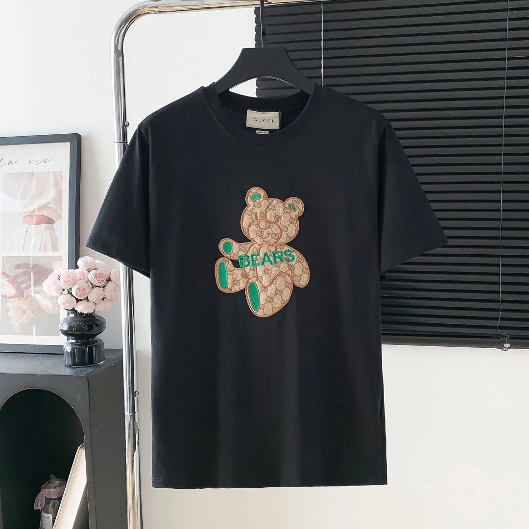 Gucci T-shirt Bear Embroidery on the Chest logo round Neck Short Sleeve25ss New Pure Cotton Unisex Style T Casual T-Shirt Base Layer Shirt OS Loose Fit Half Sleeve Top Plus Size
