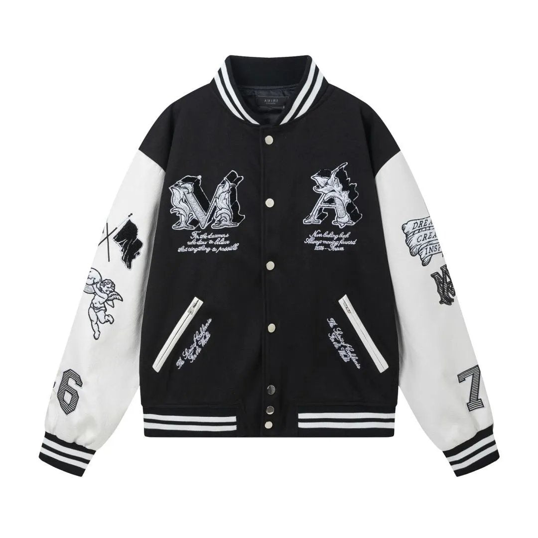 Amiri Jackets Coat 2024Autumn and Winter New Embroidered Angel Pattern Lapel Baseball Jacket for Men and Women