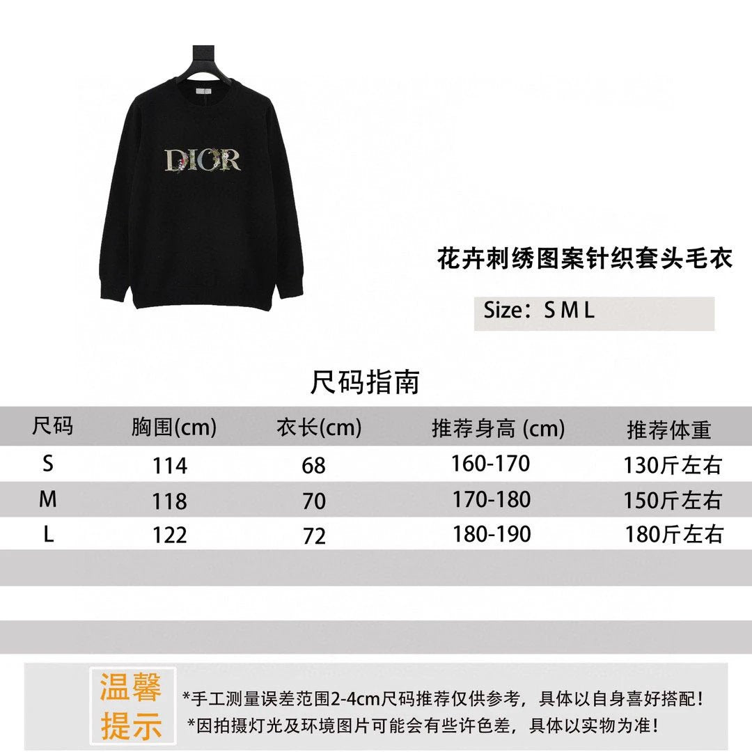 Dior Hoodie Flower Embroidery Pattern Knitted Pullover Sweater Same Style for Men and Women