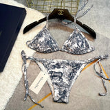 Dior Swimsuit Ink Painting Print Bikini Two-Piece Swimsuit Sexy Backless White Small Chest Gathered Beach Pool Women's Swimwear Vacation Hot Spring