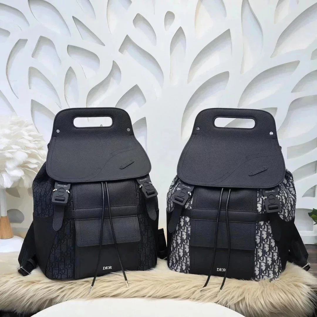 Dior Backpack Top version Homme Backpack Jacquard Presbyopic Schoolbag Saddle Bag Pairs Backpack Black Grain Side Touch Calfskin Backpack Men's and Women's Bags