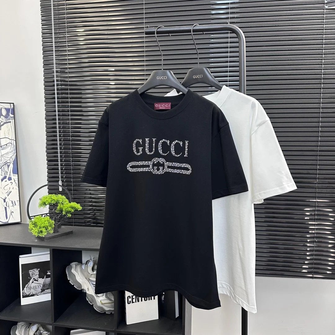 Gucci T-shirt Classic Letter Rhinestone logo round Neck Short Sleeve25ss New pure cotton T Unisex T-Shirt OS Loose Fit Base Shirt Top T-Shirt Short Sleeve