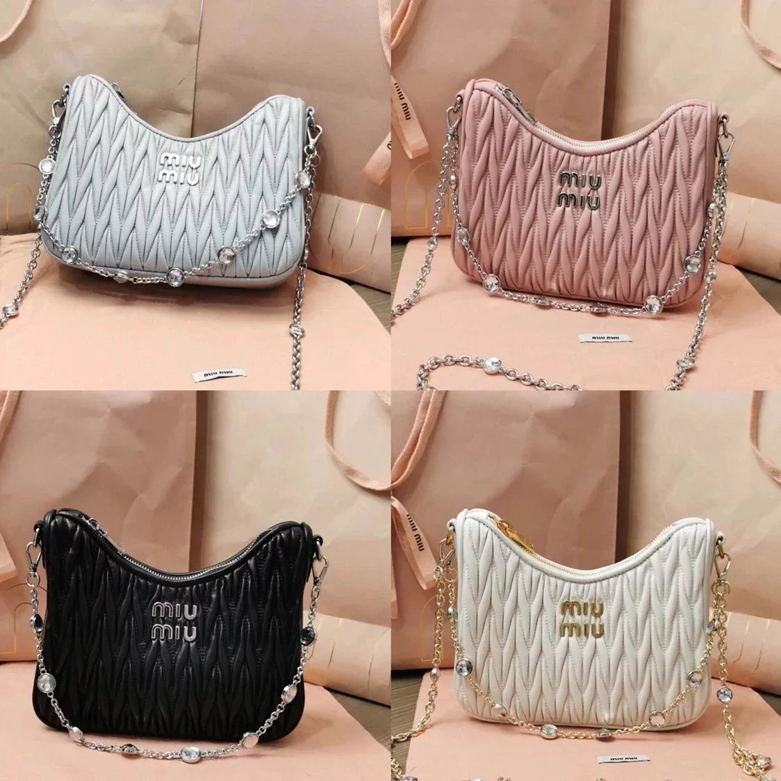 Miu Miu Bag Top version 【M Home】New Season Women's Bag Crystal Chain Accessories Series Handbag Pleated Lambskin hobo Bag Shoulder Crossbody Handbag Underarm Bag5BH211New Version Genuine Leather Shoulder Strap Shoulder Bag Chain Bag Underarm Bag