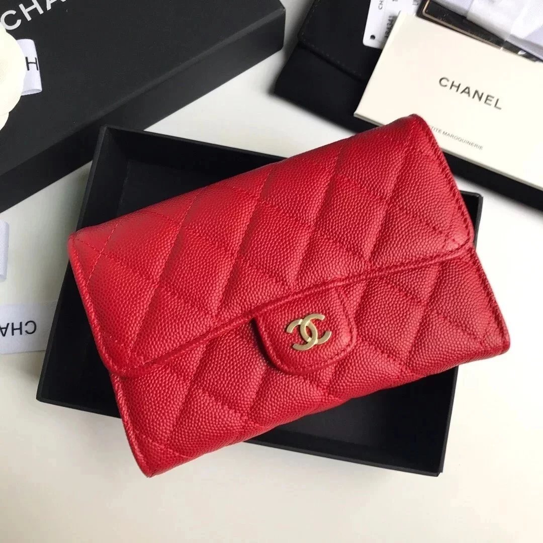 Chanel Wallet Top version 【Original Genuine Goods Leather】Women's Wallet Medium Three-Fold Wallet Caviar Cowhide Original Sheepskin Women's Wallet Card Holder Coin Purse Model Number A84341