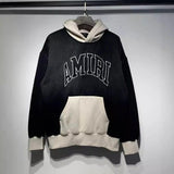 Amiri Hoodie 2024Autumn and Winter New Patchwork Embroidered Letters Velvet Padded Hooded Sweatshirt Same Style for Men and Women