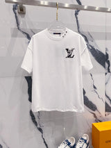 Louis Vuitton LV T-shirt Collar Logo Small Ski Lettering LOGO Embroidered Crew Neck Short Sleeve Pure Cotton T Unisex T-Shirt OS Loose Fit Base Shirt Casual Simple T-Shirt
