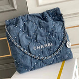 Chanel Women's Bag Top version 【Super Original Leather】Small24S22bag Rivet Denim Garbage Bag Jennie Same Style mini Denim Denim Pearl Garbage Bag Tote Bag