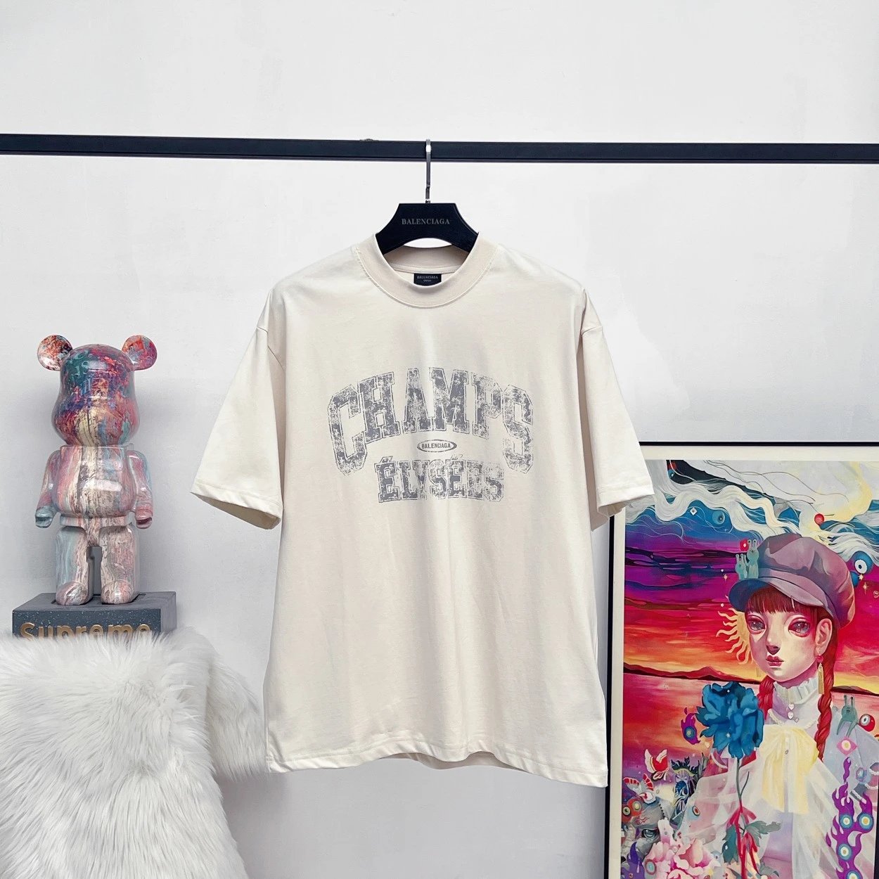 Balenciaga T-shirt CHAMPS Fuzzy Letter Color Block Print logo round Neck Short Sleeve25ss New pure cotton T Unisex T-Shirt OS Loose Fit Base Shirt Top T-Shirt Short Sleeve